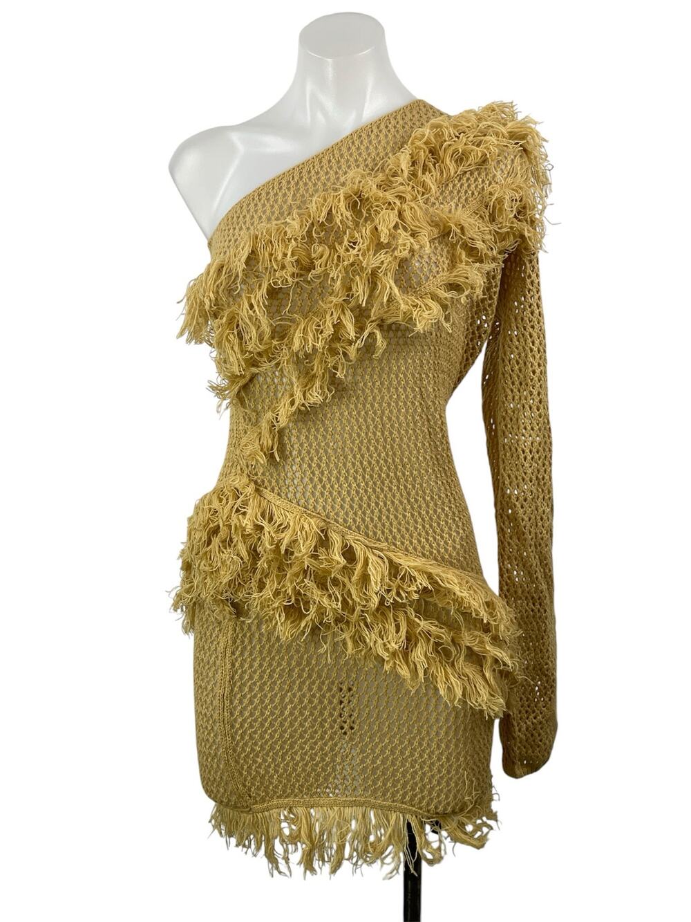 NEW Micas Tan One Shoulder Fringe Open Knit Ruffle Crochet Mini Bodycon Dress L